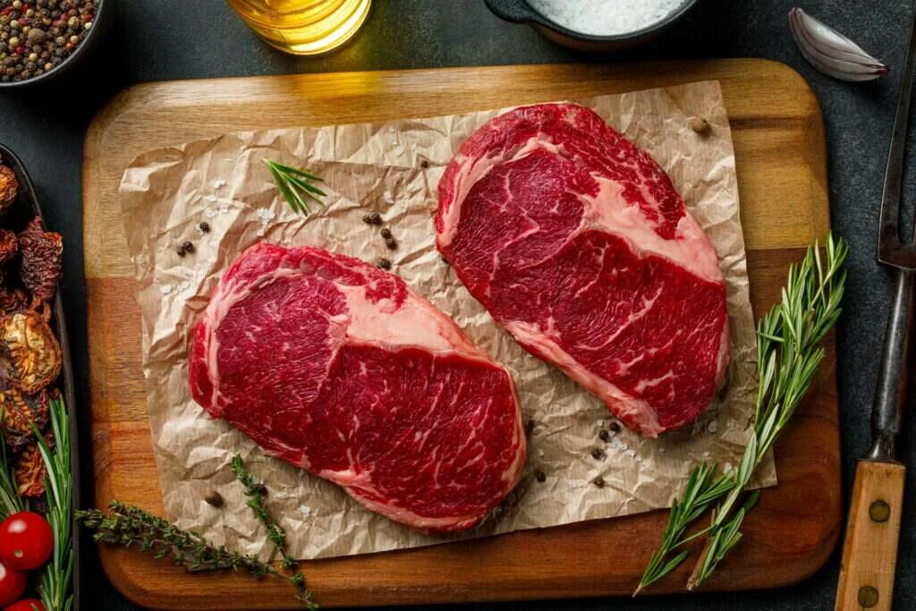 Tagli di carne bovina su un tagliere di legno